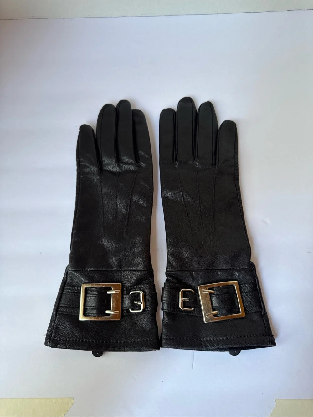 Black Leather Women's Gloves with silver tone Buckle Accent lined